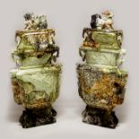 A VERY LARGE & IMPRESSIVE PAIR OF 20TH CENTURY CHINESE JADE VASES & COVERS, of archaic form and