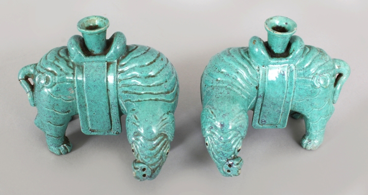 A MIRROR PAIR OF 18TH/19TH CENTURY CHINESE ROBIN'S EGG ELEPHANT CANDLE OR JOSS STICK HOLDERS, - Image 6 of 9