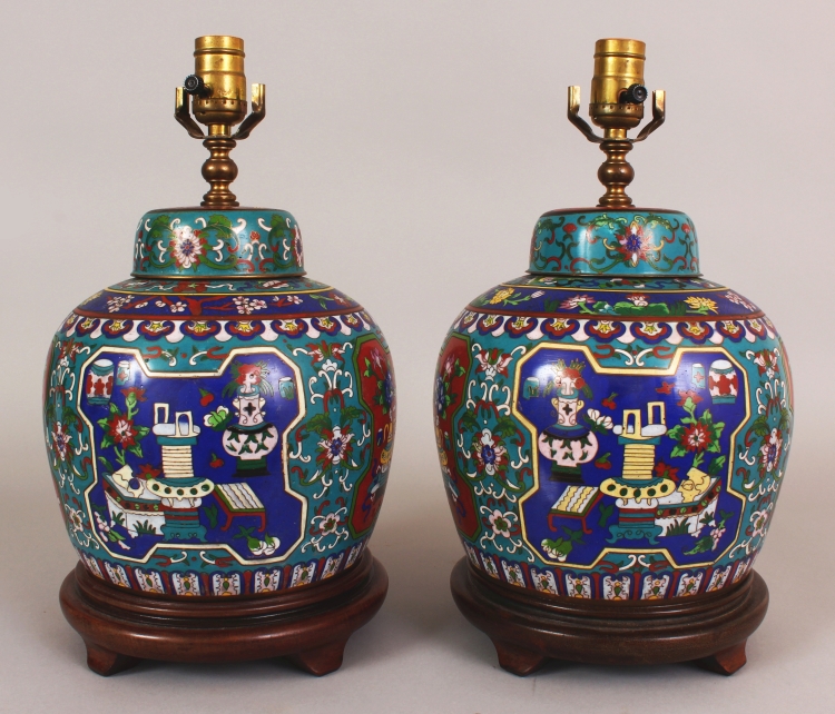 A PAIR OF 20TH CENTURY CHINESE CLOISONNE JARS & COVERS, fitted for electricity, each decorated - Image 4 of 8