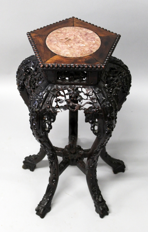 ANOTHER GOOD QUALITY 19TH CENTURY CHINESE MARBLE TOP CARVED HARDWOOD STAND, with hexagonal top - Image 2 of 9