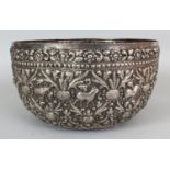 A LARGE UNUSUAL INDO-PERSIAN STYLE SILVER-METAL BOWL, with impressed Chinese character maker's marks
