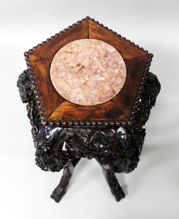 ANOTHER GOOD QUALITY 19TH CENTURY CHINESE MARBLE TOP CARVED HARDWOOD STAND, with hexagonal top - Image 3 of 9