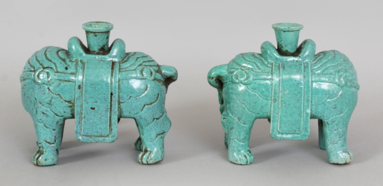 A MIRROR PAIR OF 18TH/19TH CENTURY CHINESE ROBIN'S EGG ELEPHANT CANDLE OR JOSS STICK HOLDERS, - Image 3 of 9