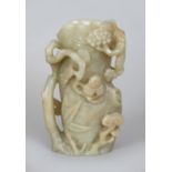 A GOOD 17TH/18TH CENTURY CHINESE CELADON JADE TREE BOLE VASE, the sides carved in high and pierced