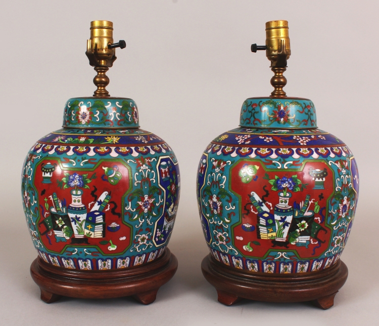 A PAIR OF 20TH CENTURY CHINESE CLOISONNE JARS & COVERS, fitted for electricity, each decorated - Image 3 of 8