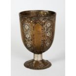 A 19TH/20TH CENTURY KASHMIRI SILVERED METAL GOBLET, decorated with panels of scrolling flowerheads