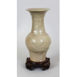 A CHINESE SOUTHERN SONG LONGQUAN CELADON STONEWARE YEN-YEN VASE, together with a fitted hardwood