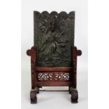A CHINESE BRONZE TABLE SCREEN, possibly Ming Dynasty, together with a fitted wood stand, the front
