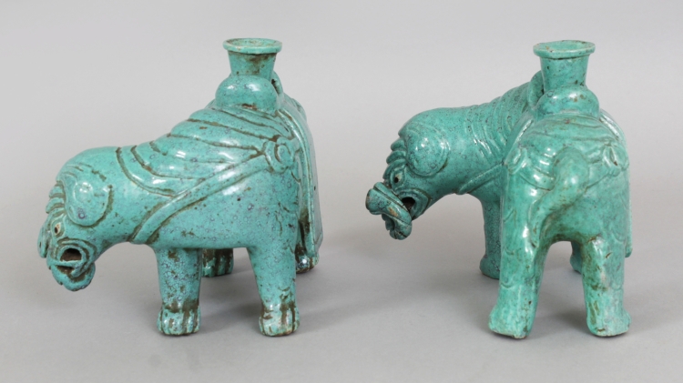 A MIRROR PAIR OF 18TH/19TH CENTURY CHINESE ROBIN'S EGG ELEPHANT CANDLE OR JOSS STICK HOLDERS, - Image 4 of 9