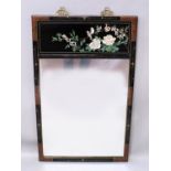A 20TH CENTURY CHINESE LACQUERED WOOD MIRROR, decorated with a shallow carved and lacquered panel of