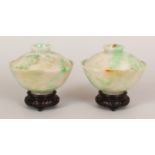 A GOOD PAIR OF 19TH/20TH CENTURY CHINESE APPLE-GREEN JADE BOWLS & COVERS, together with fitted