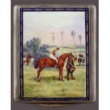 A CONTINENTAL SILVER CIGARETTE CASE, the lid with an enamel scene at a horse race, just before the
