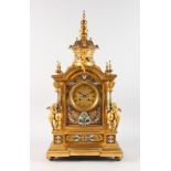 A SUPERB LARGE 19TH CENTURY FRENCH GILT BRONZE AND CHAMPLEVE ENAMEL DECORATED CLOCK, with eight-