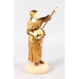 A SUPERB AUSTRIAN GILDED BRONZE AND IVORY FIGURE of a young lady playing a mandolin type musical