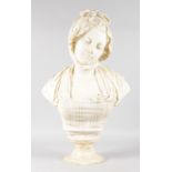 A SUPERB QUALITY 19TH CENTURY FRENCH CARVED WHITE MARBLE BUST OF A YOUNG GIRL, wearing a bonnet,