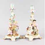 A SUPERB PAIR OF MEISSEN CANDLESTICKS, emblematic of SPRING & AUTUMN, modelled by SCHOENHEIT, CIRCA.