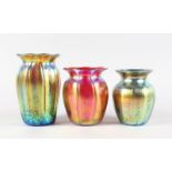 THREE LOETZ BLUE IRIDESCENT VASES. 6.5ins, 5.5ins and 5ins high.