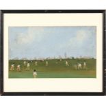 MARGARET CHAPMAN (20TH CENTURY) BRITISH The Cricket Match. Gouache and oil. 6.5ins x 10ins.