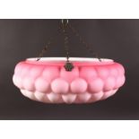 A LARGE "BURMESE" WARE PINK GLASS LIGHT GLOBE with three hanging chains. 16ins diameter.