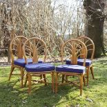 A SET OF FOUR BAMBOO SPINDLE BACK CONSERVATORY CHAIRS, blue upholstery.