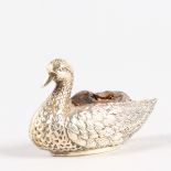 A DUCK PIN CUSHION. Birmingham 1908. Maker: J.D. & W.D. 5cms long.