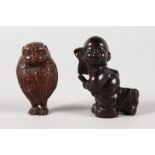TWO CHINESE CARVED WOOD NETSUKES, Owl and Boy.