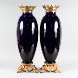 A LARGE PAIR OF SEVRES BLUE PORCELAIN VASES with ormolu mounts ending in claw feet. 29ins high.