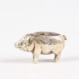 A MINIATURE PIG PIN CUSHION. Birmingham 1909. 3.5cms long.