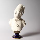 A SEVRES WHITE PORCELAIN BUST OF A YOUNG SOLDIER, on a blue and gilt pedestal. 13ins high. Printed