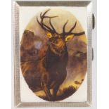 A GEORGE V ENGINE TURNED CIGARETTE CASE, Chester 1929, the lid with an enamel of a stag.
