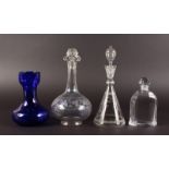 AN ENGRAVED TAPERING DECANTER AND STOPPER, BACCARAT SCENT BOTTLE, engraved port decanter and blue