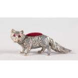 A SMALL SILVER NOVELTY FOX PIN CUSHION.