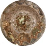 A CHINESE SILVERED BRONZE CIRCULAR MIRROR, possibly Song Dynasty, the top surface with formal