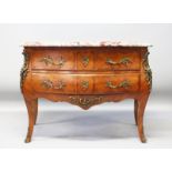 A LOUIS XV DESIGN KINGWOOD, ORMOLU AND MARBLE TOP BOMBE COMMODE, with a pair of long drawers on