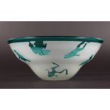 A GREEN FROG BOWL. Signed. 7.5ins diameter.