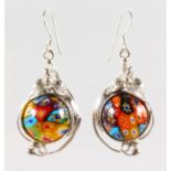 A PAIR OF MILLEFIORI AND SILVER EARRINGS.
