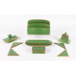 A GOOD GREEN CLOISONNE NINE PIECE DESK SET.