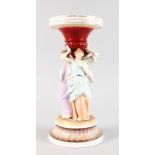 A CONTINENTAL PORCELAIN COMPORT, the stem with three classical ladies. 32cms highs.