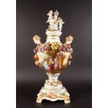 A GOOD DRESDEN 19TH CENTURY FLOWER ENCRUSTED URN, COVER AND STAND, the cover with crest and two