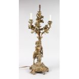 A GOOD ORMOLU LAMP, modelled as a young faun holding aloft a cornucopia with four scrolling