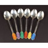 A SET OF SIX ART DECO DESIGN SILVER AND ENAMEL COFFEE SPOONS. Birmingham 1904.