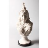A WHITE MARBLE BUST OF QUEEN VICTORIA. 16ins high.