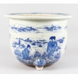 A LARGE JAPANESE BLUE AND WHITE JARDINIERE with geishas. 15ins diameter.