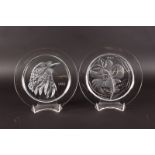TWO LALIQUE ANNIVERSARY PLATES 1966 & 1973. 8ins diameter.