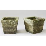 A PAIR OF COMPOSITION SQUARE TAPERING POTS. 11ins wide, 10ins high.