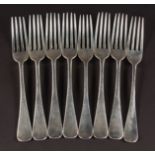 A SET OF EIGHT TABLE FORKS. Sheffield 1902. Maker: Mappin & Webb. Weight 26ozs.