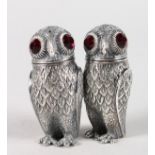 A GOOD PAIR OF WHITE METAL OWL SALT AND PEPPERS.