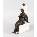 A CLASSICAL BRONZE LADY sitting on a white marble bench with column. 11ins high.