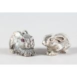 TWO SMALL NOVELTY SILVER RABBITS.