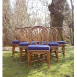 A SET OF FOUR BAMBOO SPINDLE BACK CONSERVATORY CHAIRS, blue upholstery (4).
